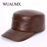 wuaumx cow leather military hats for men winter fall warm mens genuine leather cowskin hat real cowhide flat top baseball caps