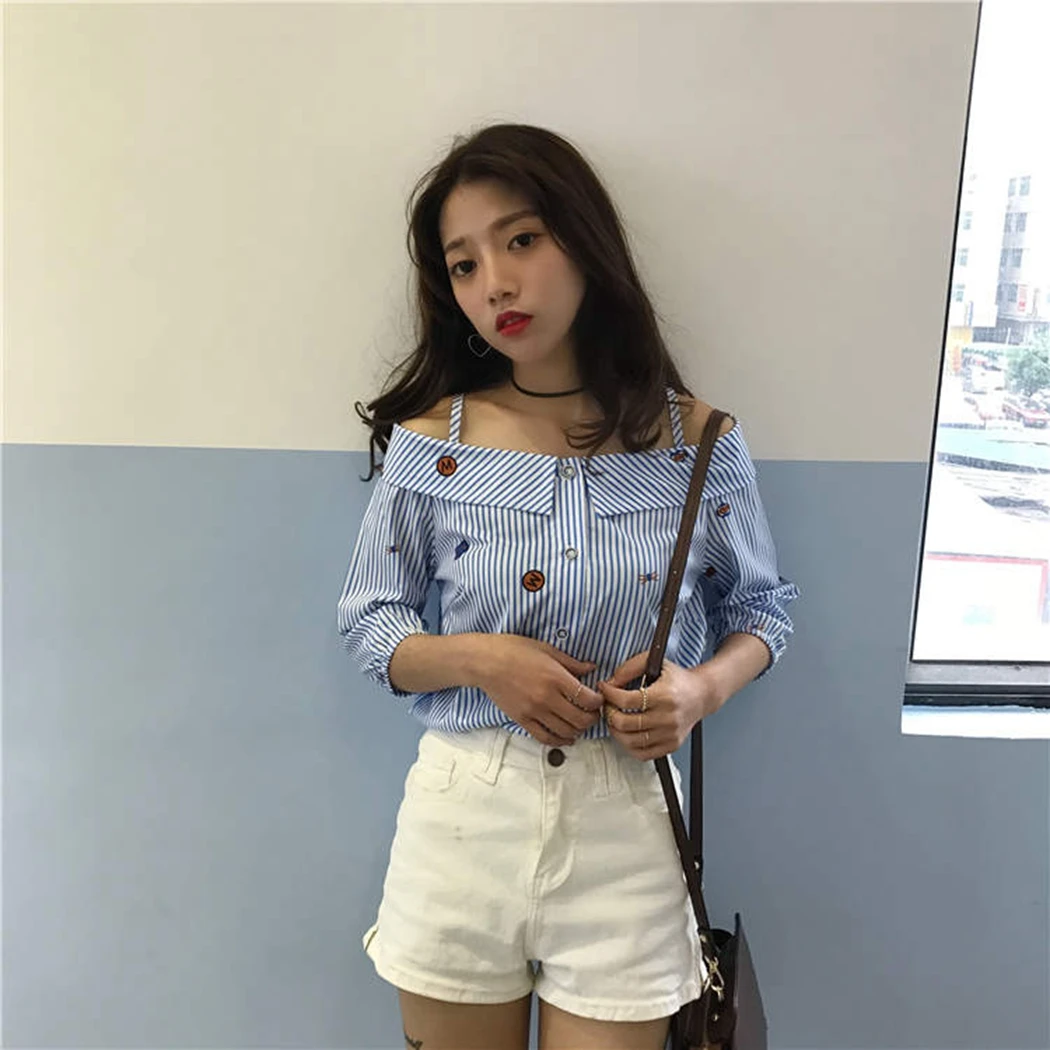 Модная вышитая синяя полосатая рубашка топы Весенняя блуза с вырезом лодочкой и