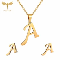abcd 26 letter pendent necklace stud earrings gold plated stainless steel jewelry set for women girls fashion jewelry accessory