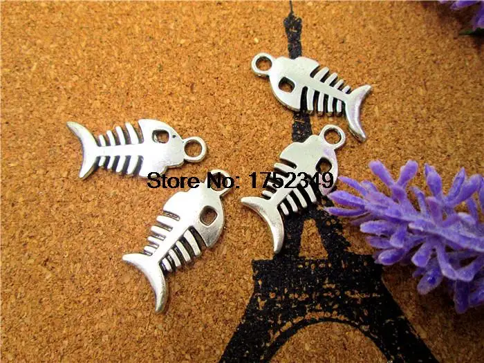 

75pcs--Fish Bones Charms,AntiqueTibetan silver Lovely Fish Bone Charm Pendant 2 Sided 28x12mm