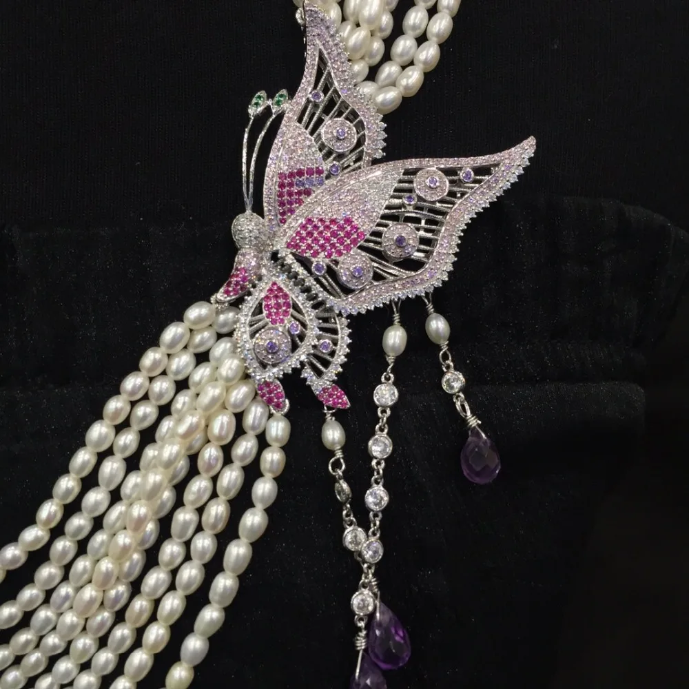 ?? ロングナチュラル淡水真珠ネックレス小さなパールライス形状マルチ層 925 スターリングシルバー立方ジルコン蝶