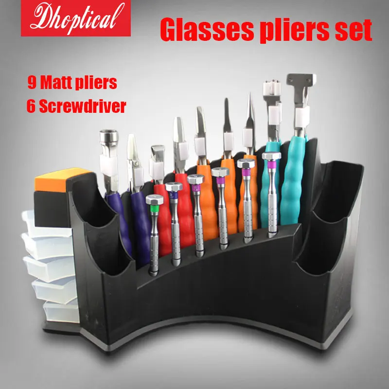 eyeglasses plier set ,9 pcs matt pliers 6 different screwdriver adjust nose pad plier frame leg adjust tool