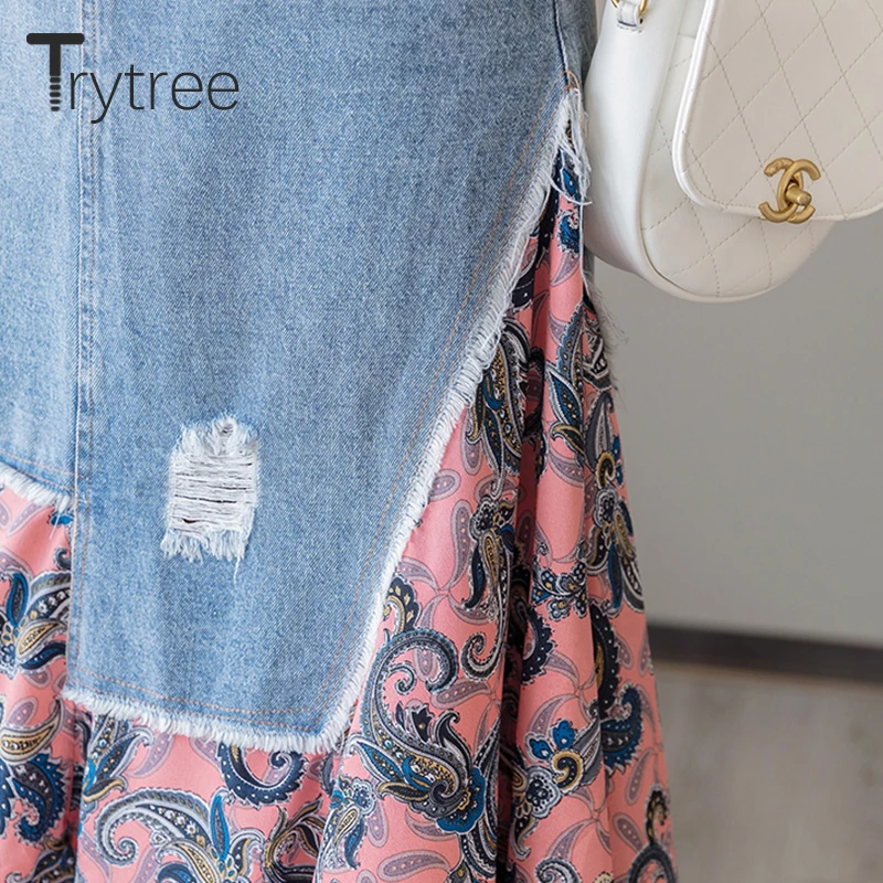 Trytree Summer Women two piece set Casual O-Neck Tops+ Skirt Demin Patchwork Print Hem Belt Pocket Suit Office Lady 2 Piece Set