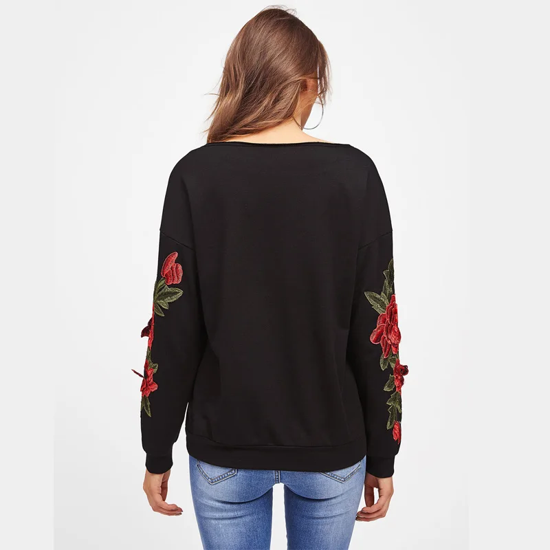 Осень Для женщин Элегантный цветочный Вышивка Толстовки Long Sleeve Drop Shoulder пикантные