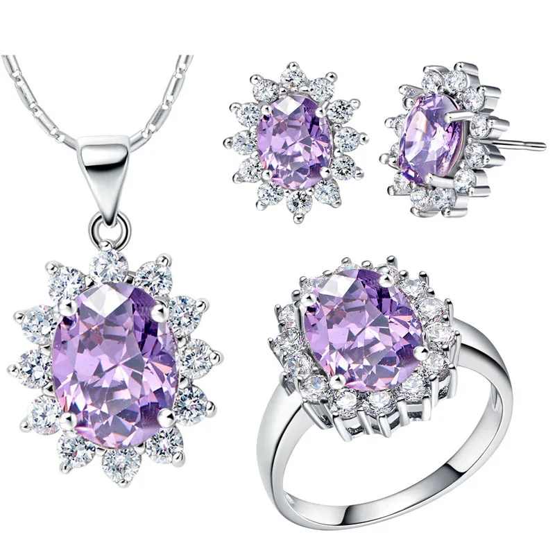2017 Мода Ювелирные Наборы CZ Алмазов для Женщин Свадьба Розовый Ruby Blue Crystal Ожерелье