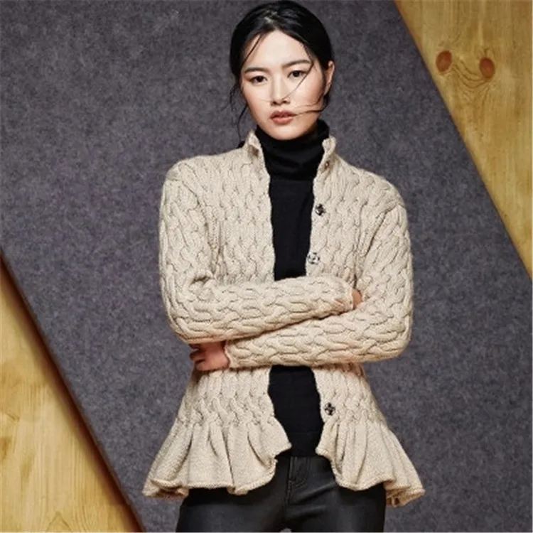 hand made pure wool thick knit women fashion solid stand collar loose single breasted cardigan sweater one&ampover size |