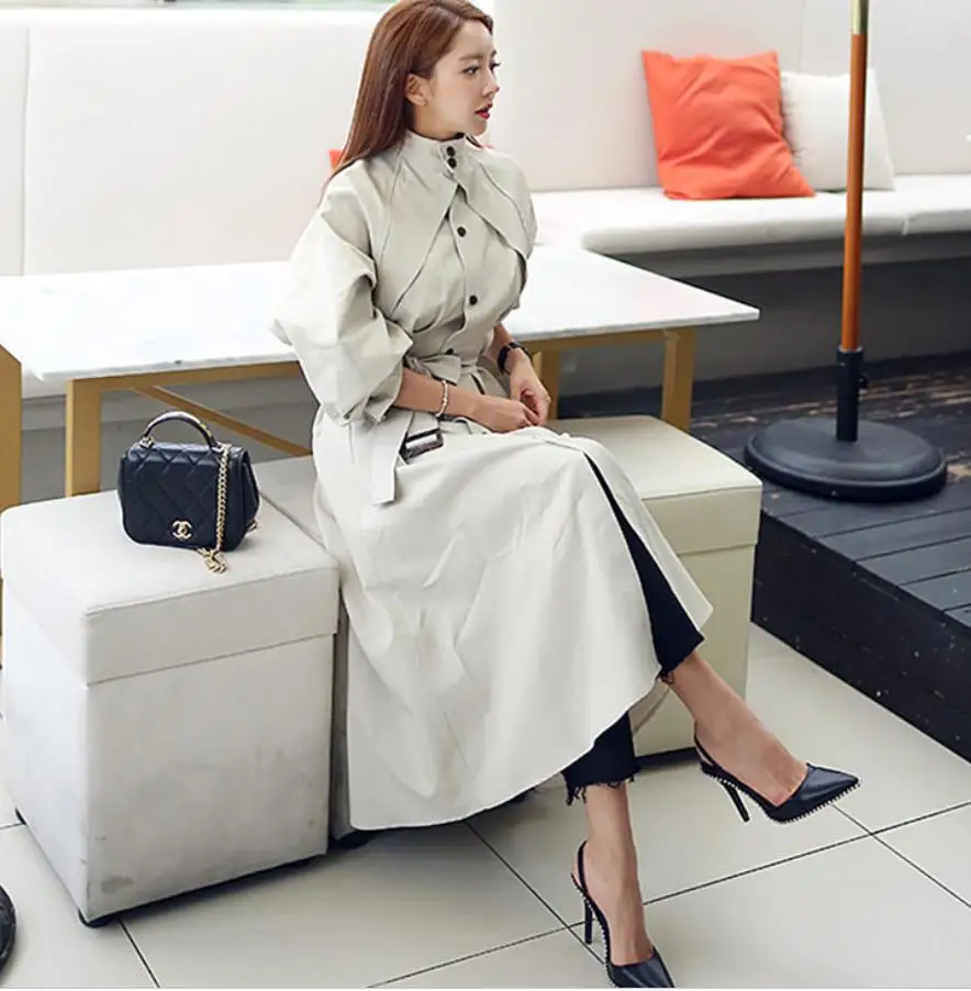 2021 New Spring fashion Stand Collar Long Sleeve Personality Wiast Tie Loose single breasted Women trench Coat | Женская одежда