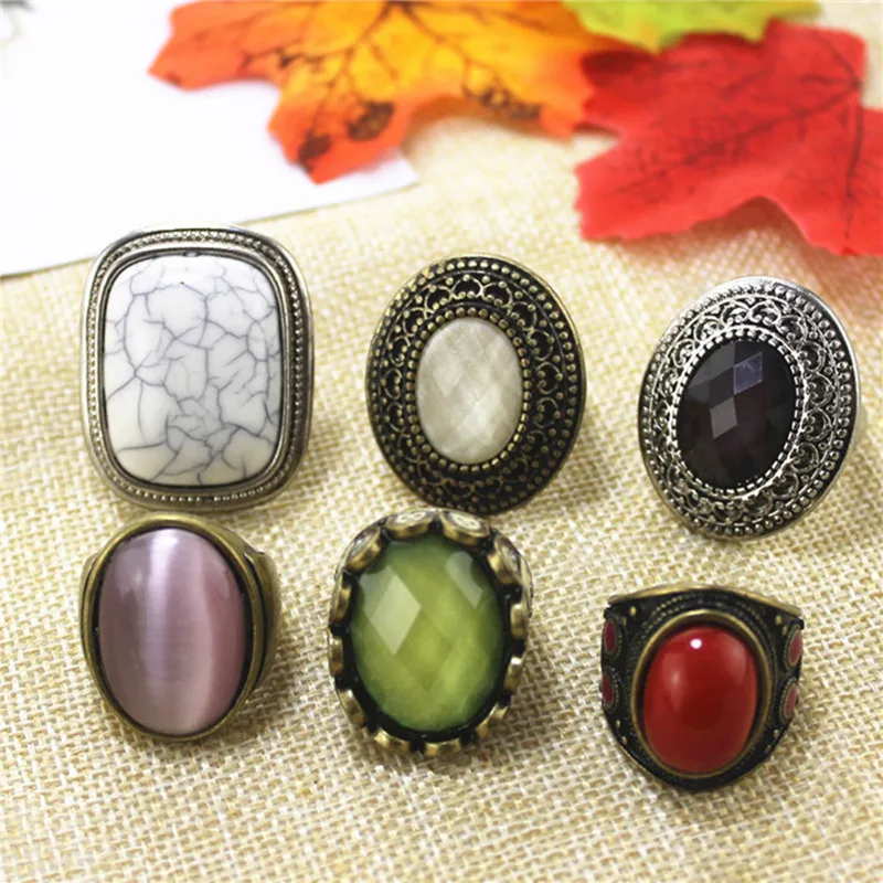 XQ ladies fashion jewelry Bronze Oval Red White Imitation Stone Pattern Square Ring for Women Retro Party Resin Accessories | Украшения и