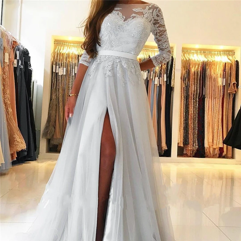 Review china Elegant Pink Scoop A-Line Side Slit Backless Soft Tulle Lace Applique Evening Dresses vestidos de fiesta de noche