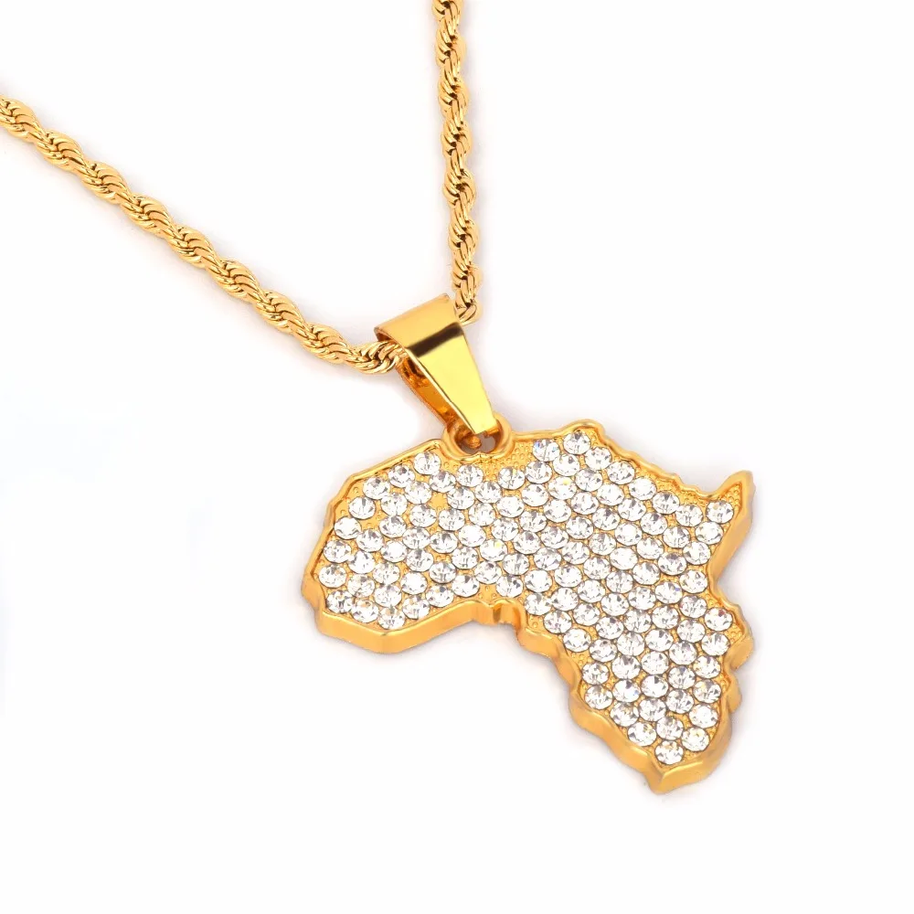 Кулон Карта Африки ожерелье Bling горный хрусталь кристалл золотой цвет хип хоп цепь для мужчин/женщин подарок африканские ювелирные изделия