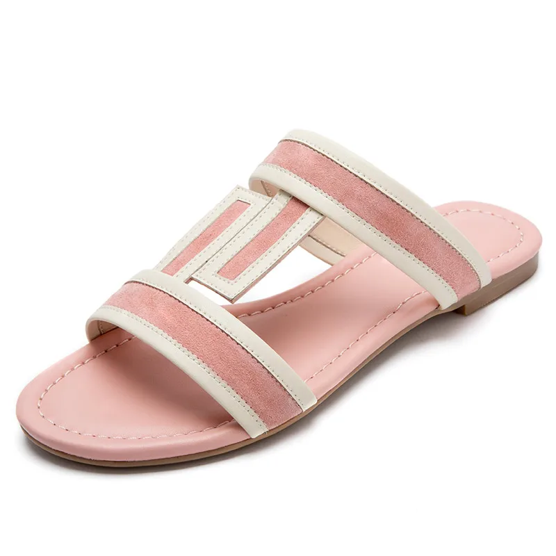 Pink Новейший дизайн; модные женские шлепанцы на плоской подошве; натуральная кожа; стелька из овчины; широкие; Двойные; с Т-образным ремешком; пляжные; вечерние; летние туфли - Цвет: Pink