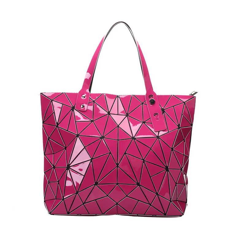 Hot Pink Модная Складная Повседневная Сумка-тоут женская верхняя одежда с геометрическим узором-ручкой женские Наплечные сумки из полиуретана Дамская ромбовидная сетка с блестками простая дамская сумочка - Цвет: Hot Pink