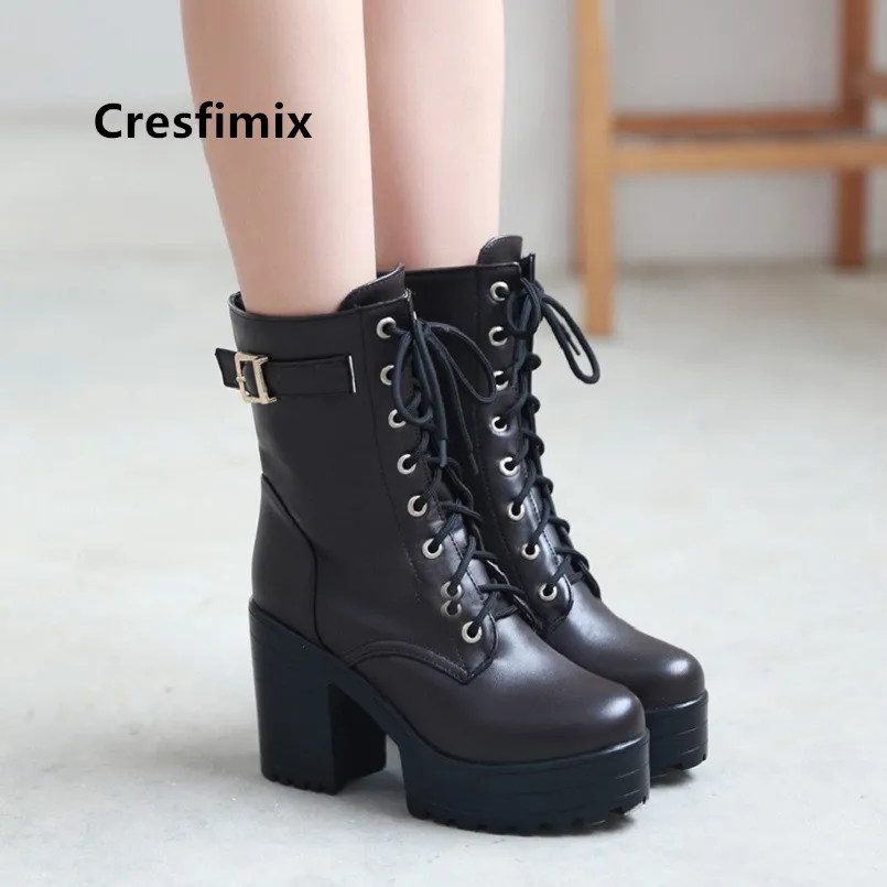 Женские ботинки Cresfimix Bottes Femmes черные удобные из искусственной кожи на шнурках