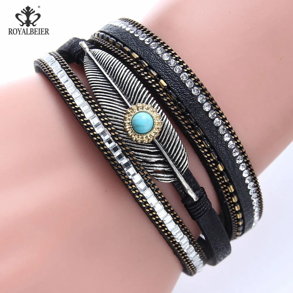 RoyalBeier 1pc Leather Women Bracelets Metal Leaf Decorated Rhinestone Bangles Bracelet Statement Vintage Jewelry | Украшения и