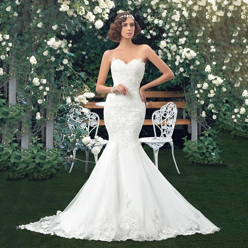 2016 Удивительные Кружева Русалка Свадебные Платья Милая Вверх Назад Vestidos Де Noiva