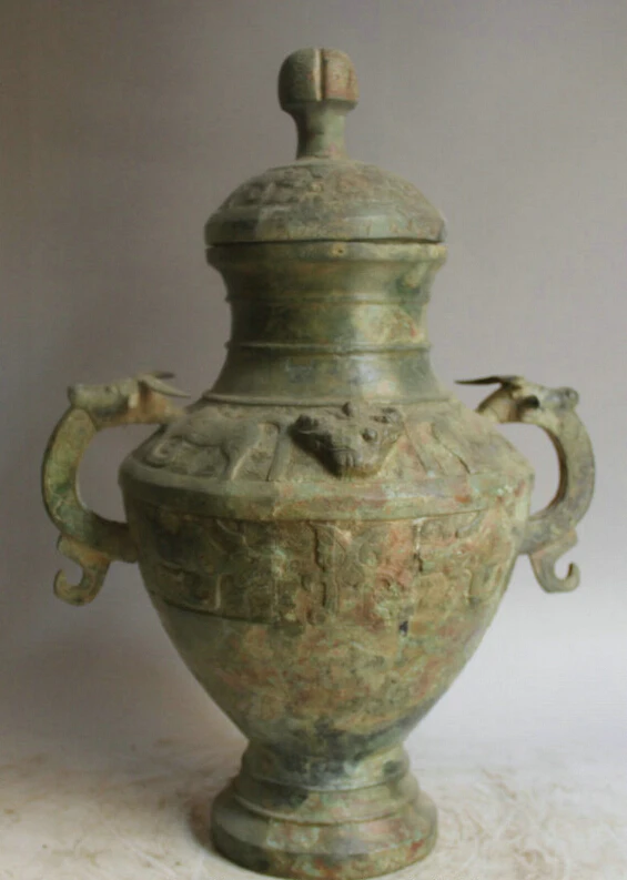 

song voge gem S2127 18" Old Chinese Bronze Folk Dragon Beast handle food vessel kettle Pot Jar Crock