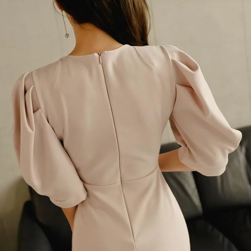 BGTEEVER Vintage Puff-sleeve V-neck Long Women Dress Elegant Slim Waist Female Mermaid 2021 Party Trumpet vestidos femme | Женская
