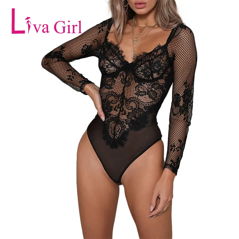 Белое Сетчатое кружевное прозрачное облегающее боди LIVA GIRL женское сексуальное