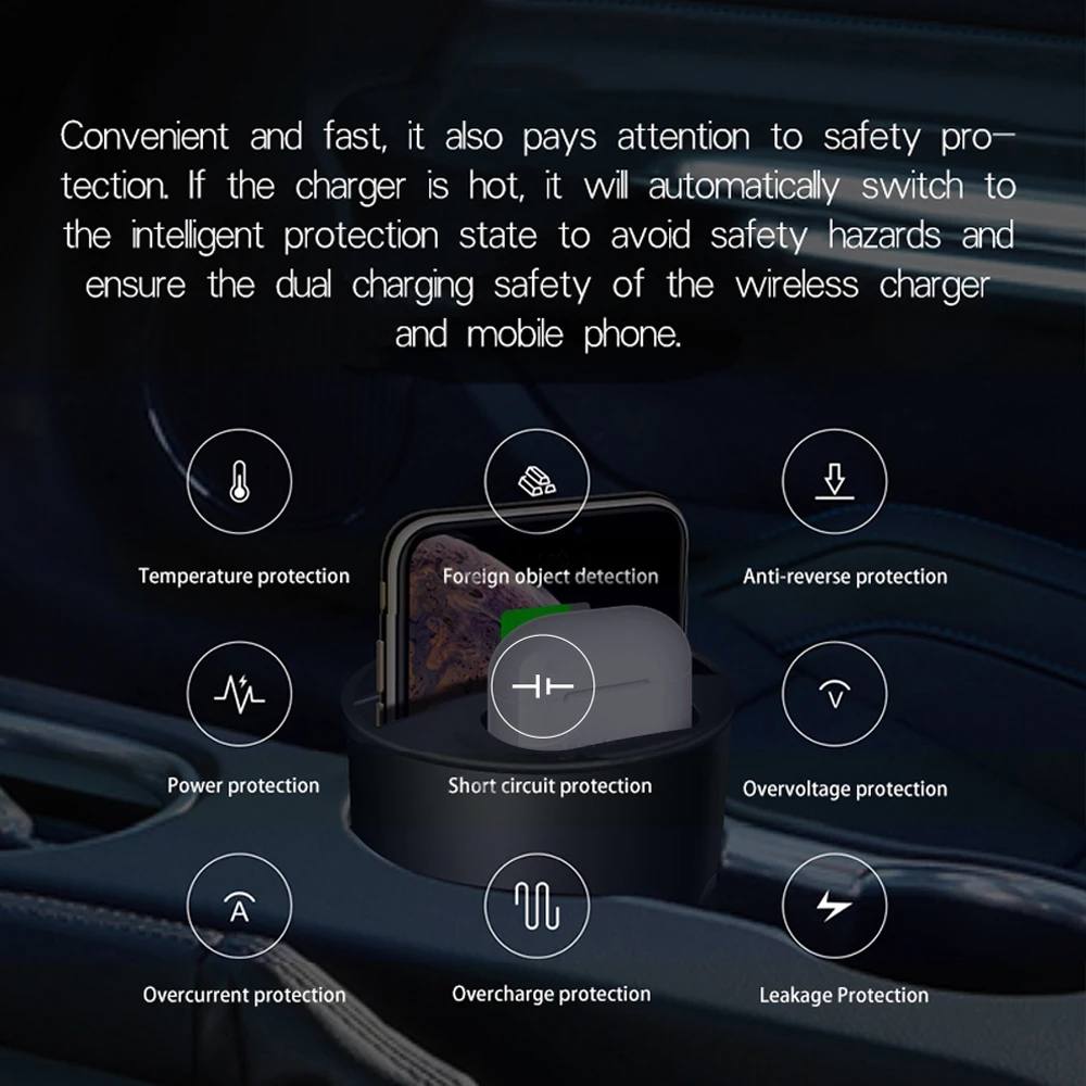 

QI Wireless Car Charger Cup for AirPods iPhone X 8 8Plus XR XS Max Samsung S10 + S9 + S8 Wireless fast Charger Cup Holder Stand