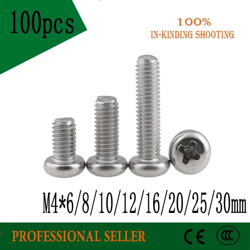 

100pcs M4*6/8/10/12/16/20/25/30mm screw GB818 half round 304 Stainless Steel flat Phillips head cross Truss head screw