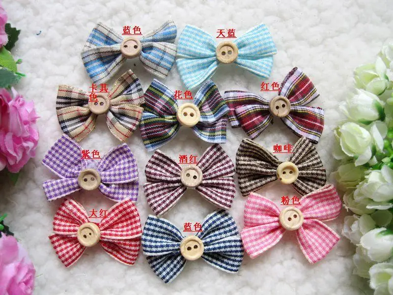 

50pcs/lot 4*3cm Mixed Colors Wooden Clasp Grid with Bow Flower DIY Handmade Brocade Ribbon Headdress Wedding Party Decoration