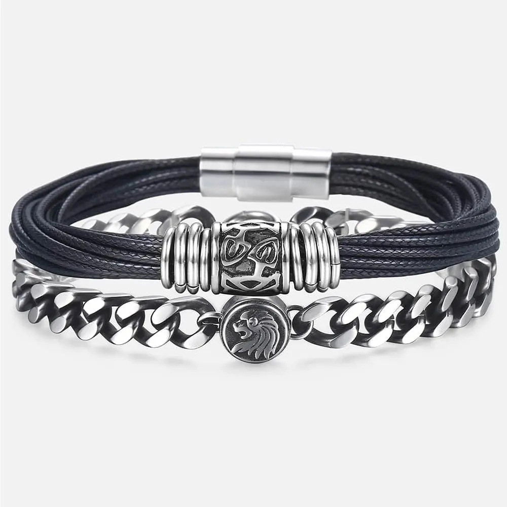 Кожаные браслеты из нержавеющей стали 2 шт./компл. мужские с двойной цепочкой LDLBF35