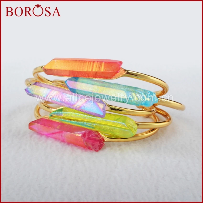 

BOROSA Free Shipping druzy Cuff Rainbow Aura Quartz Crystal Point Gold Color Bangle electroplated dyed Color mixed 343