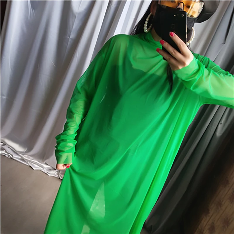 [EAM] New Autumn Winter High Collar Long Sleeve Black Mesh Perspective Colorful Long Big Size Dress Women Fashion JU790