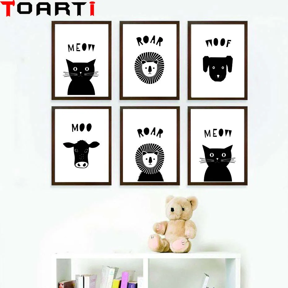 Cartoon Animals Black&ampWhite Poster&ampPrint For Kids Bedroom Wall Painting Modern Canvas Picture Home Goods Chart Decoration | Дом и сад