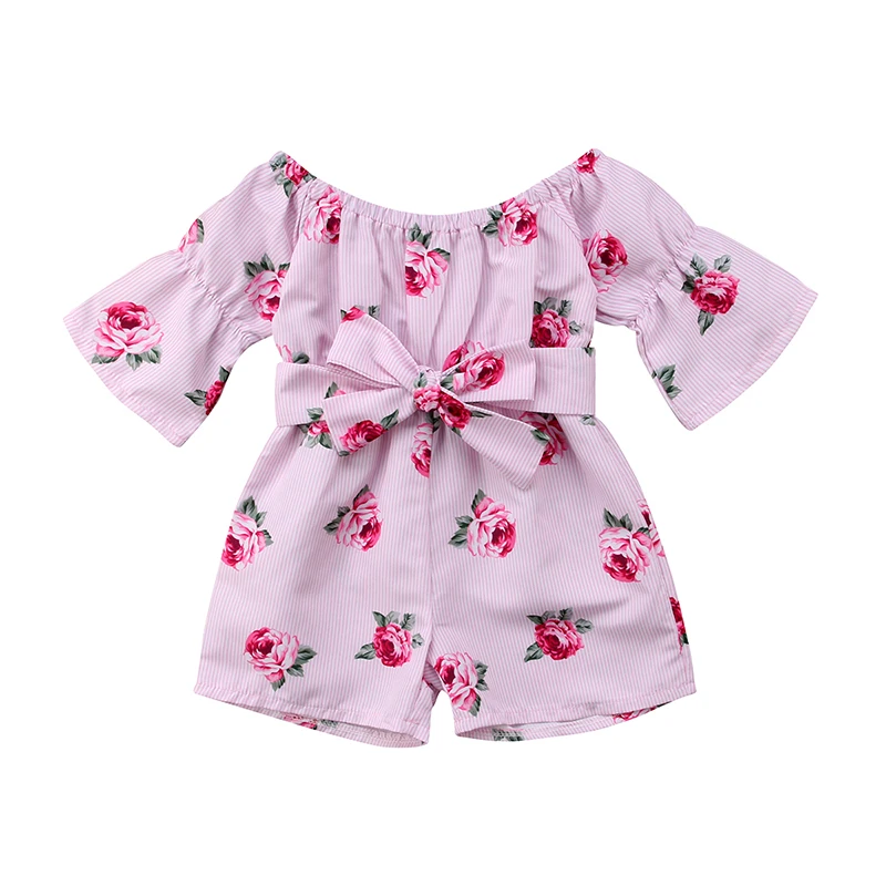 

Princess Baby Girl Floral Romper Off shoulder Flare Sleeve Loose Bow Striped Jumpsuit Playsuit Outfit Sunsuit Party Clothes