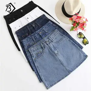 Женская однотонная джинсовая мини-юбка трапециевидной формы с высокой талией и карманами, Повседневная белая юбка, B93312X, 2019