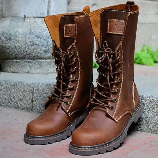 light brown Мужские кожаные высокие ботинки; Прочные ботинки на шнуровке с натуральным лицевым покрытием; коллекция года; Модные осенние военные ботинки коричневого цвета до середины икры; Роскошные Дизайнерские армейские ботинки - Цвет: light brown