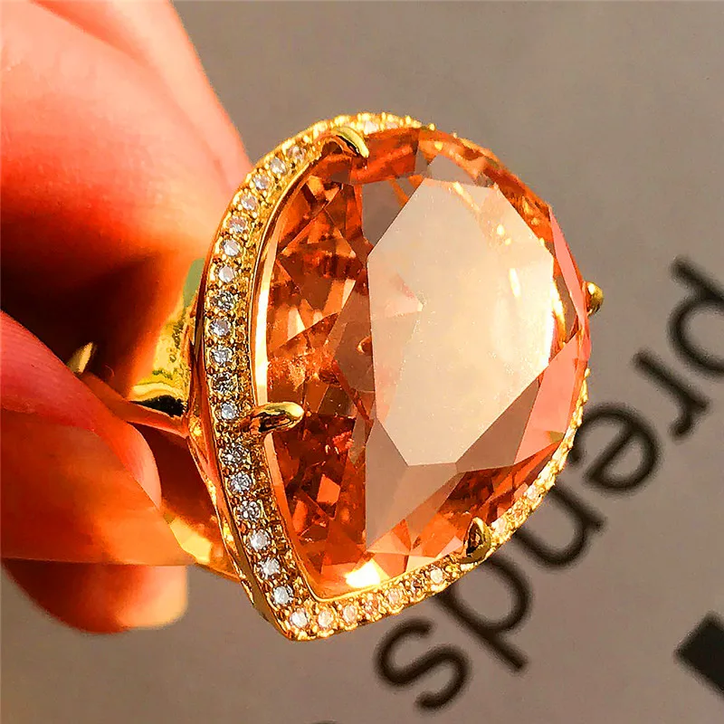Роскошный мужской женский камень цвета шампань кольцо Кристалл Мода 18KT Желтое золото Заполненные ювелирные изделия винтажные свадебные кольца для мужчин и женщин
