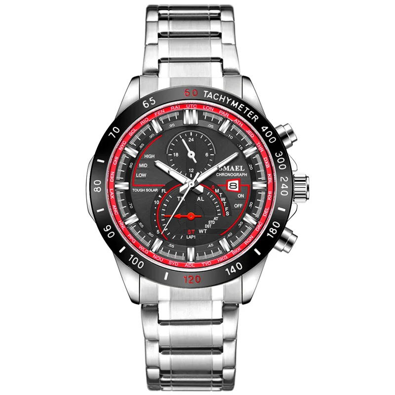 Black Red SMAEL Luxury Men Watches Gold Tone Stainless Steel Expansion Band Fashion Chronograph Quartz Watch Men Sport Wristwatch - Цвет: Black Red