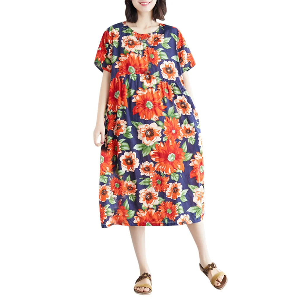 Модное летнее женское Повседневное платье с принтом круглым вырезом коротким
