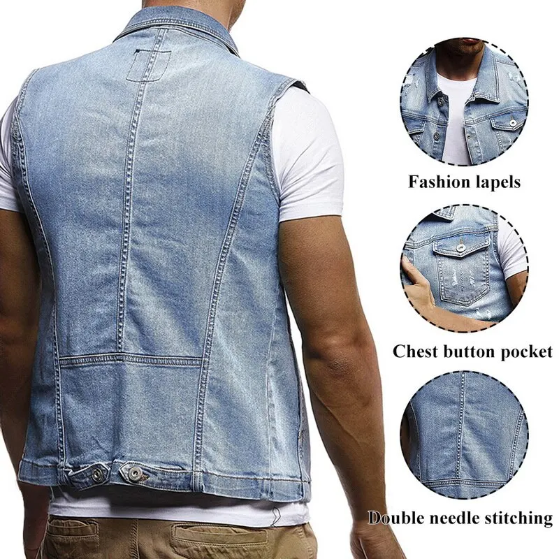 2019 весенний мужской джинсовый жилет ковбойская куртка с рваными дырками топы без