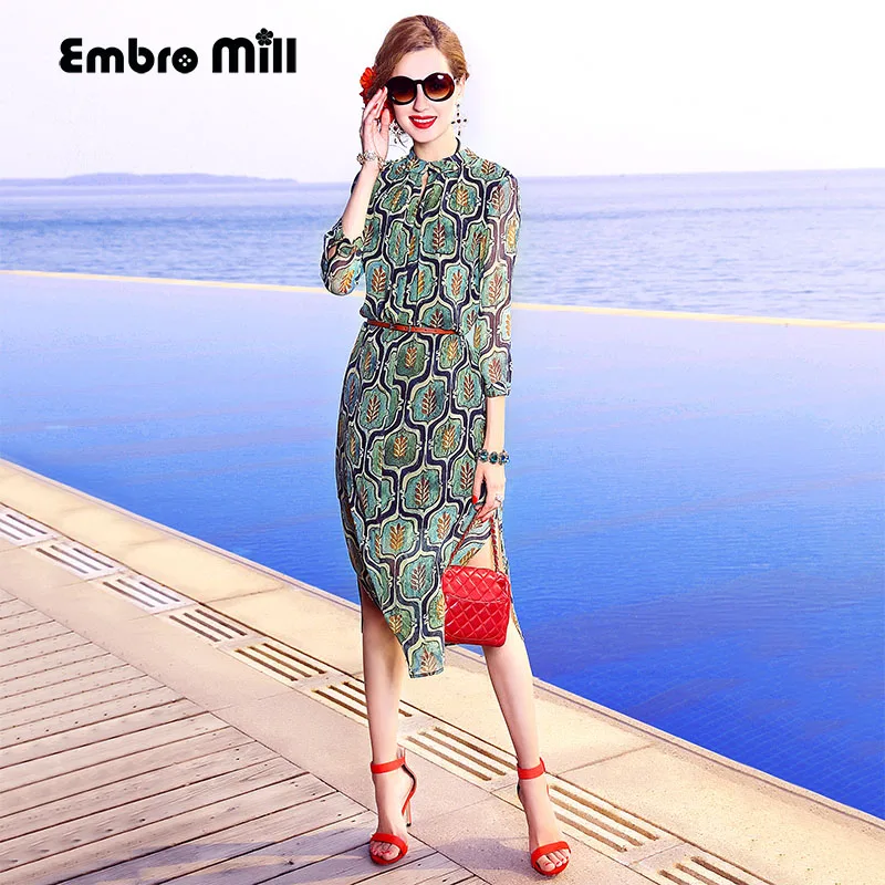 Embro Mill/элегантное женское Повседневное платье с модным цветочным принтом свободного размера плюс, женское летнее Зеленое Шелковое праздничное пляжное платье S-3XL