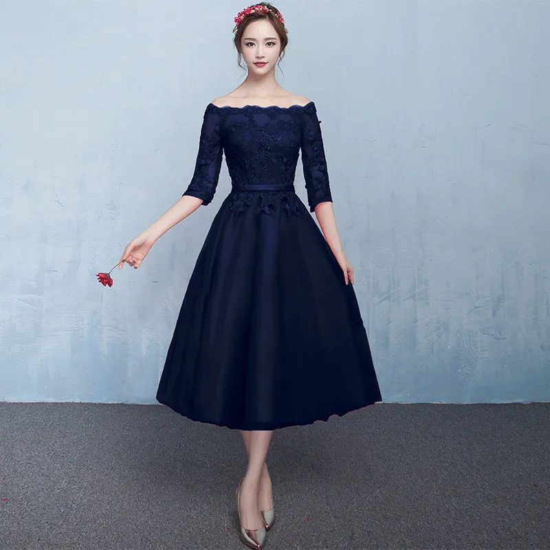 Robe de soiree 2021 Navy blue Boat Neck Lace up evening dress vestido noche festa prom dresses party | Свадьбы и торжества