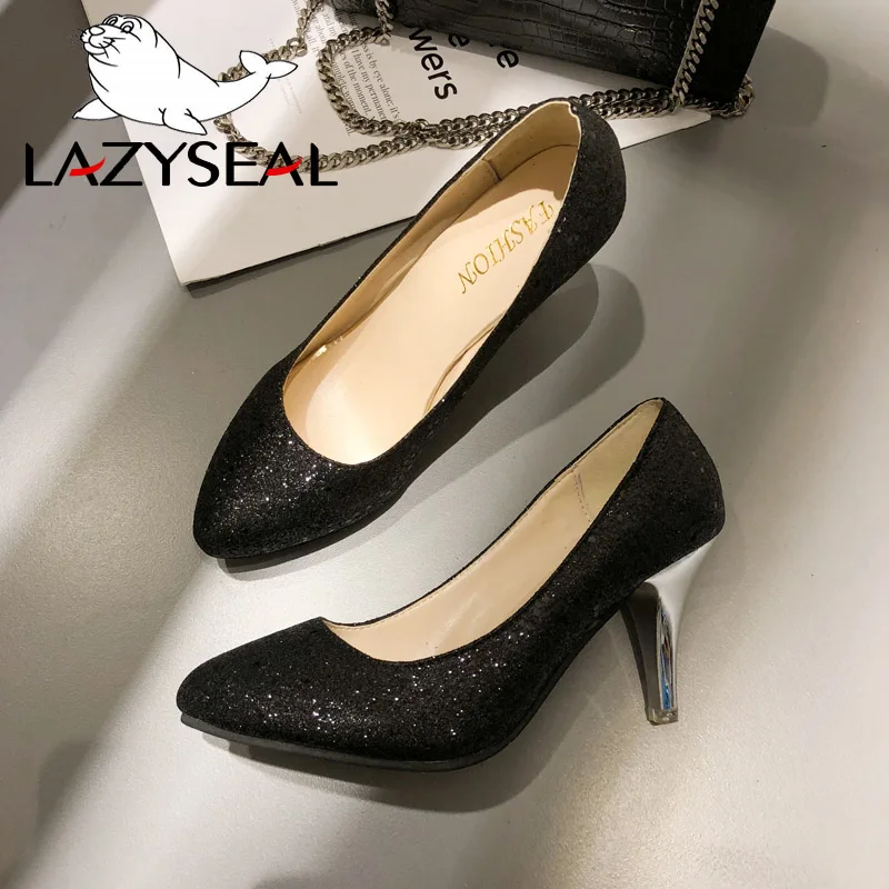 LazySeal/блестящие женские туфли-лодочки; обувь на высоком каблуке; женские туфли-лодочки с острым носком на тонком каблуке; женская обувь для вечеринок; свадебные туфли; большой размер 44 - Цвет: Black