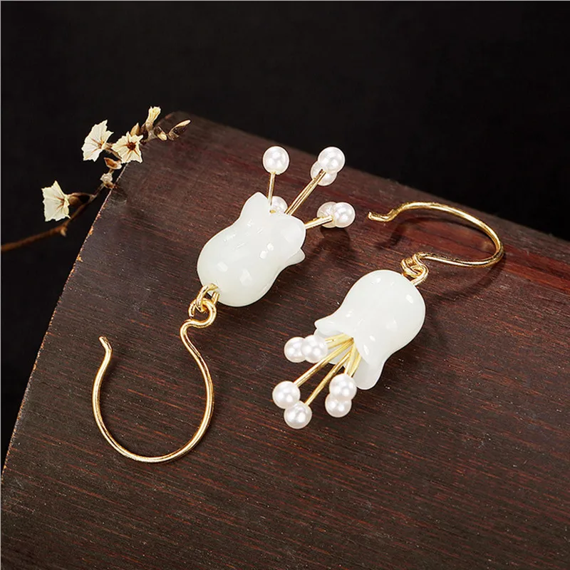 Женские серьги из серебра 925 пробы с натуральным нефритом|Серьги-подвески| |