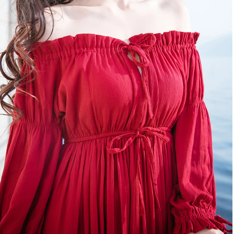 2017 Spring New Cotton Dress Elegant Retro Slash Neck Fairy Dresses Vintage A-Line Red Apricot Two Colors Solid Mini Vestidos | Женская