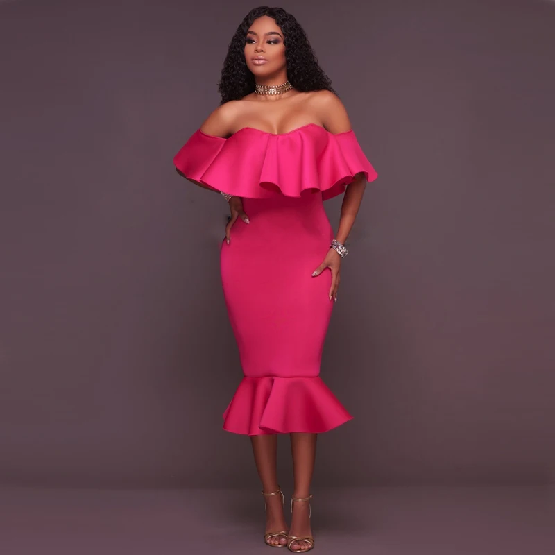 B&ampN Ruffles Slash Neck Dress Women One Piece Mermaid Long Fit Stretch Sexy Strapless Off Shoulder Solid Backless Cloth | Женская