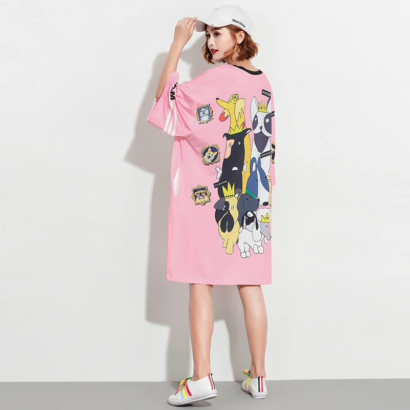 Женское розовое платье с коротким рукавом круглым вырезом и принтом милой собаки