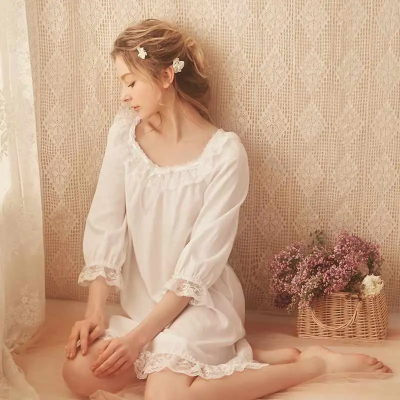 Новые винтажные королевские хлопковые женские ночные рубашки короткие пижамы бежевая Пижама кружевная женская пижама