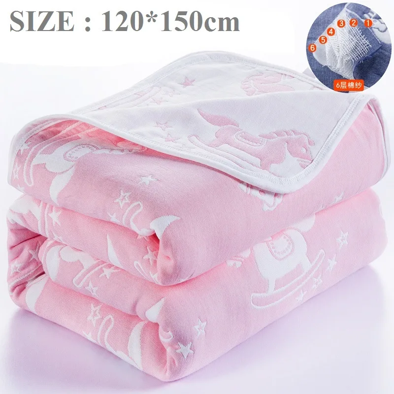 pink horse 120x150cm Летние Качественный хлопок детское одеяло 6-Слои; плотное детское стеганое одеяло с функцией кондиционирования воздуха пеленание мягкий муслин марлевые одеяла постельные принадлежности - Цвет: pink horse 120x150cm
