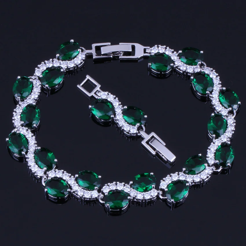 Absorbing Oval Egg Green Cubic Zirconia White CZ Silver Plated Link Chain Bracelet 18cm 20cm V0057 | Украшения и аксессуары