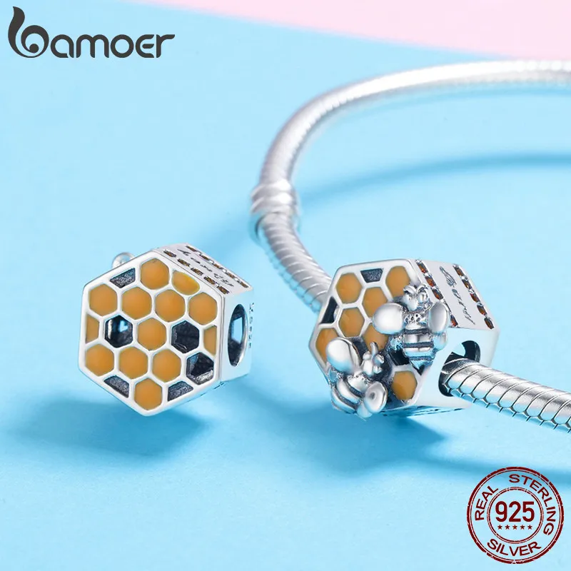 BAMOER Новая коллекция 925 пробы Серебряный медовый гребень медовая пчела Квадратные бусины для женщин браслет DIY Изготовление ювелирных изделий SCC500