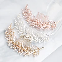bridal hair accessories goldrose gold wedding hair comb with pearls beaded leaves bridal headpiece jewelry hair pin hd64