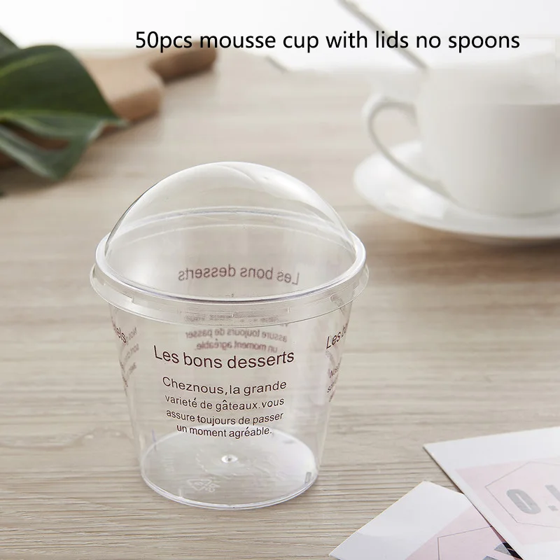 50pcs with lid 200 мл 50 шт./компл. мусс, десертные чашки прозрачный Пластик пудинг чашки мини чашка для парфэ прозрачная крышка для чашки ложка для мороженого инструмент - Цвет: 50pcs with lid