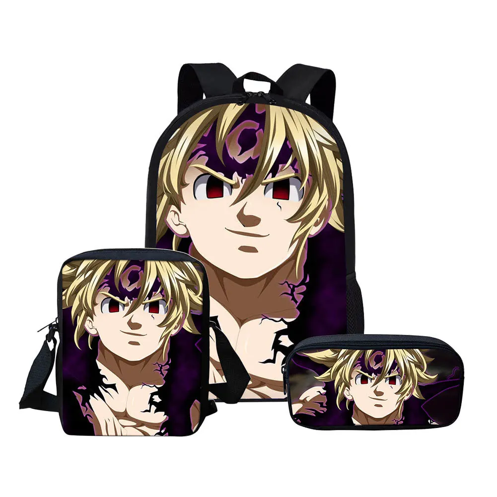 THIKIN BAG THIKIN/детский школьный рюкзак с рисунком из аниме Seven Deadly Sins, школьная сумка для мальчиков и девочек, комплект из 3 предметов, Nanatsu No Taizai Meliodas Elizabeth - Цвет: THIKIN BAG